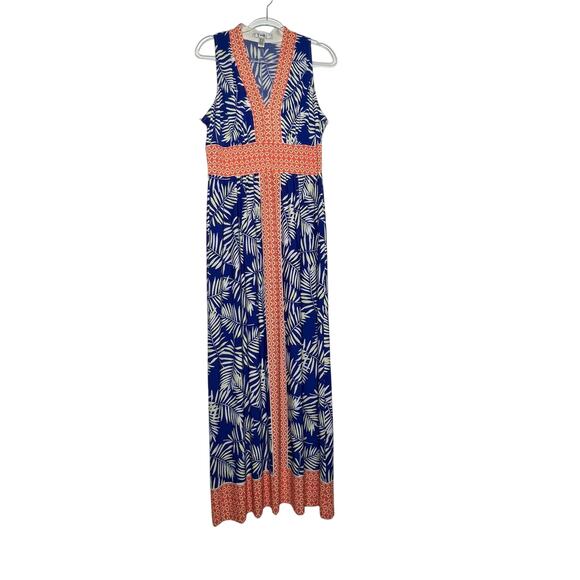 WISP Ella Jersey Maxi Dress Sleeveless V-Neck Tropical Print Blue Orange Size 12 - Picture 1 of 8